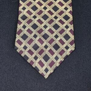 BERT PULITZER Men's Tie Burgundy Gold Navy Silk Geometric Ancient Madder